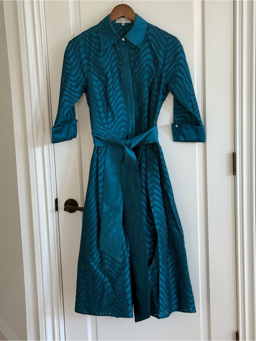 Rickie Freeman Teri Jon Teal Eyelet Taffeta Belted Shirtdress Size 4
